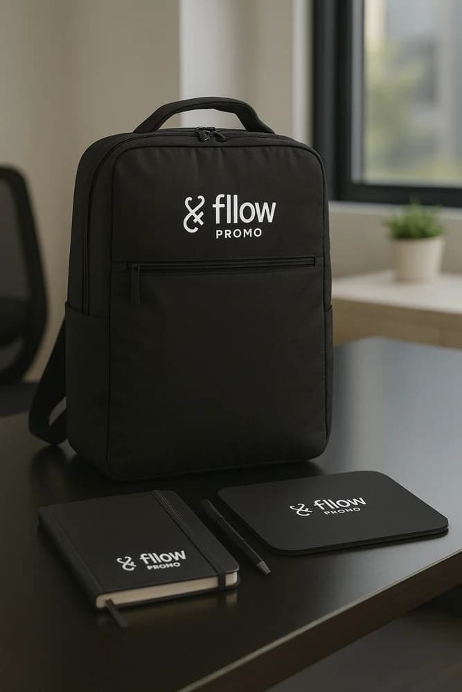 Mochila Fllow personalizada sobre a mesa de um escritório, ao lado de caderno e porta-notebook com a mesma marca
